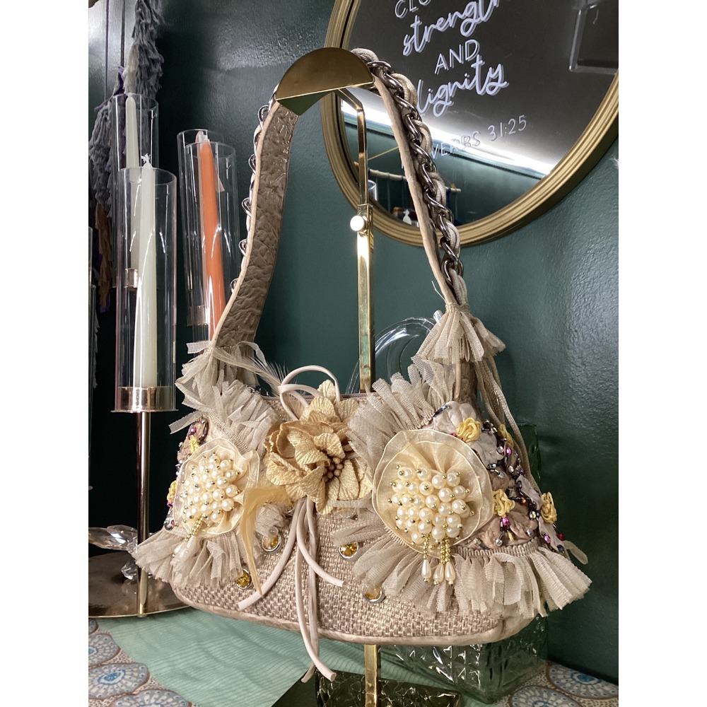Moni Couture Floral Embellished Shoulder Bag Cream Faux Croc Pearl Raffia Boho